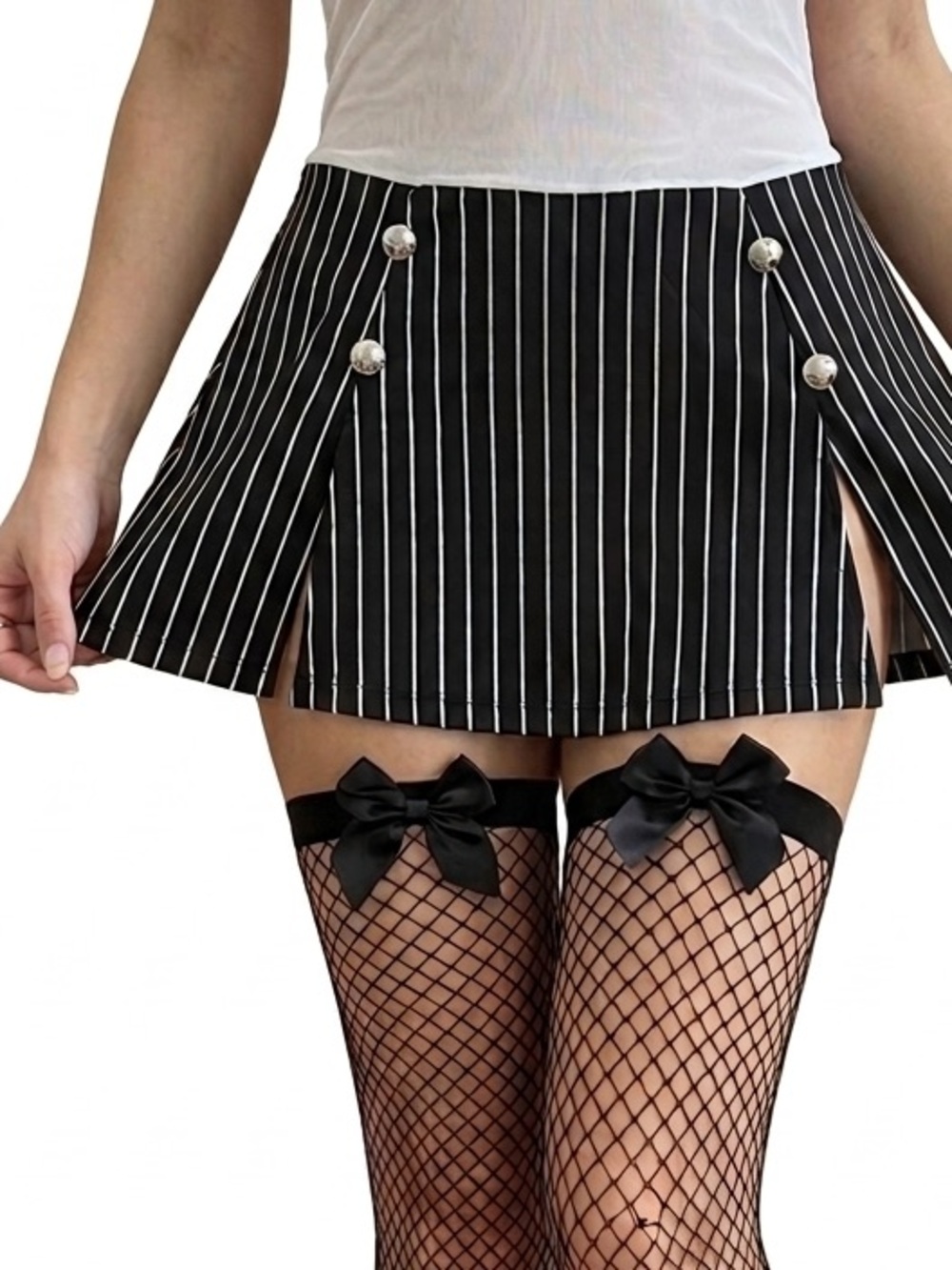 Dreamgirl Black White Pinstripe Sheer Mesh Halter Mini Dress Costume OS - Picture 3 of 10
